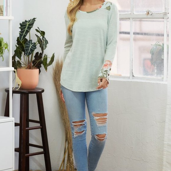 Long Sleeve Light Mint with Button Details on Cuff - Picture 1 of 4